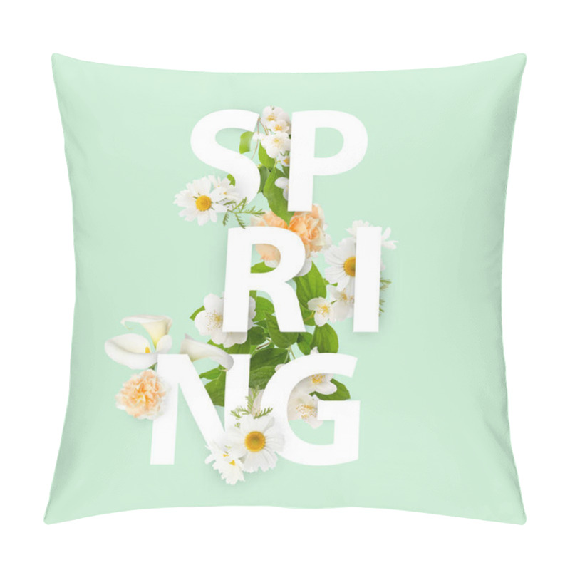 Personality  Word SPRING And Beautiful Flowers On Light Green Background Pillow Covers