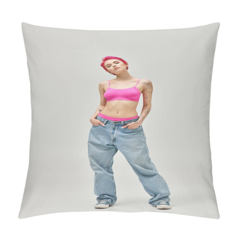 Personality  Alluring Woman With Short Pink Hair And Tattoos In Pink Crop Top And Jeans With Hands In Pockets Pillow Covers