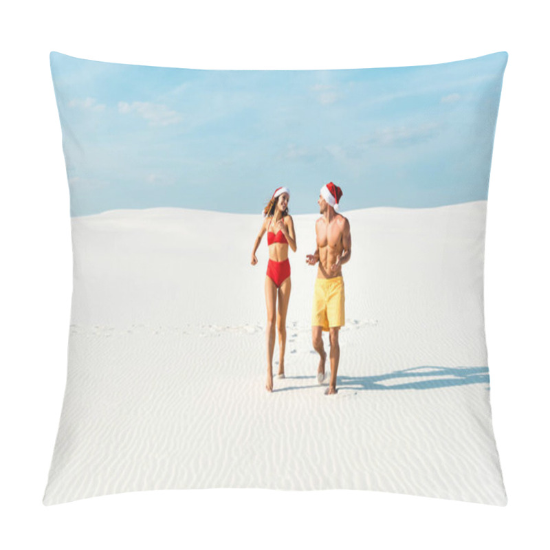 Personality  Sexy Girlfriend And Boyfriend In Santa Hats Running On Beach In Maldives  Pillow Covers