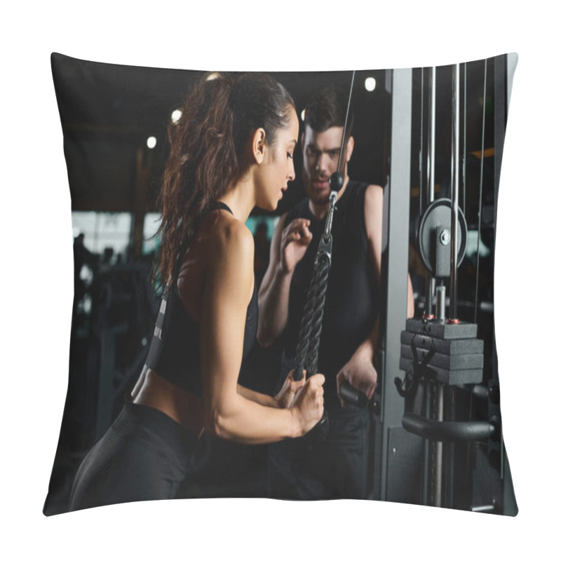 Personality  A Personal Trainer Guides A Brunette Sportswoman In A Workout At The Gym, Both Driven And Focused On Achieving Fitness Goals. Pillow Covers