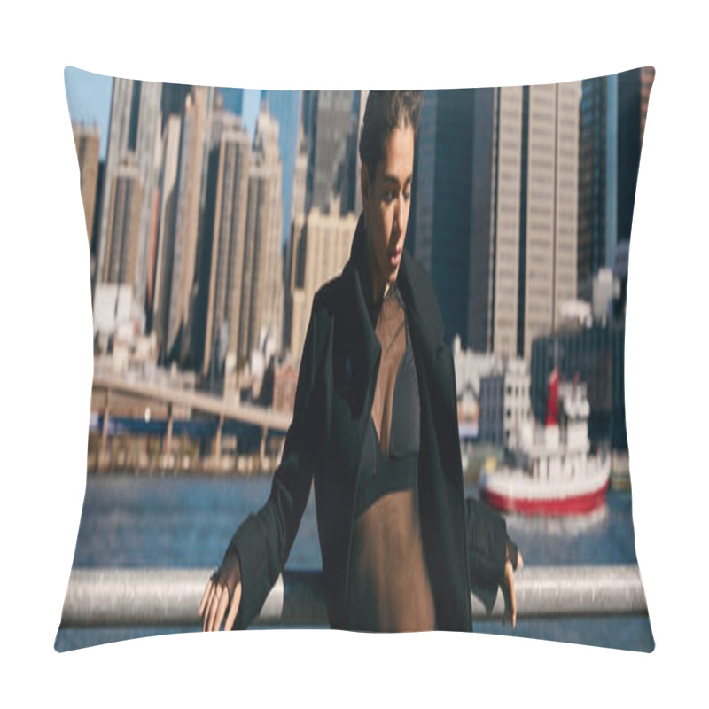 Personality  A Young Woman Poses Against The Backdrop Of New York Citys Skyline. Pillow Covers