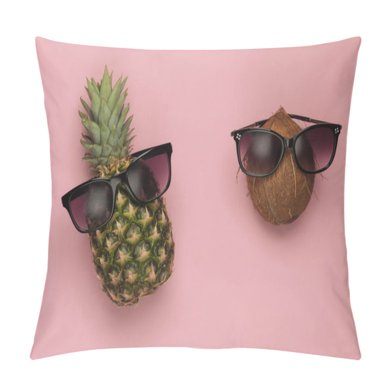 Personality  Summer Background. Fun And Humor Concept. Pineapple And Coconut With Sunglasses On A Pink Pastel Background Pillow Covers