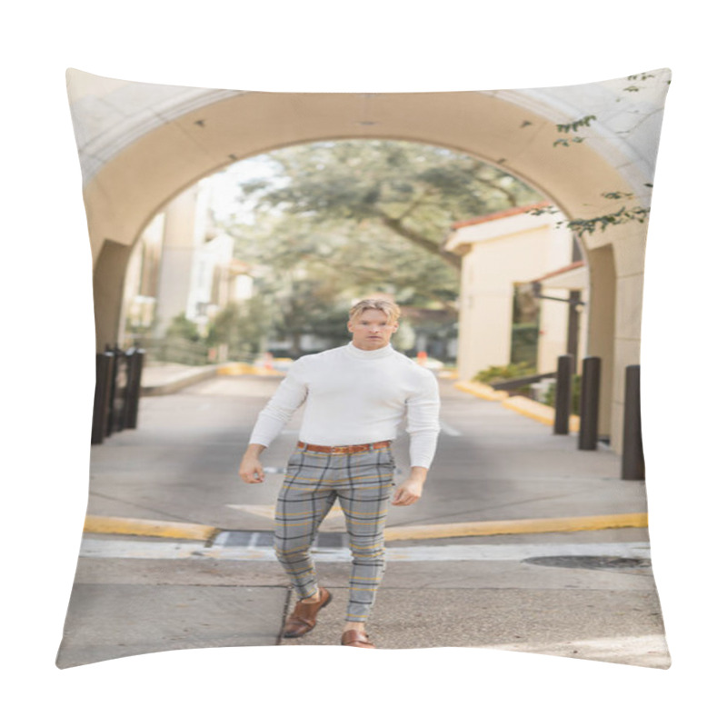 Personality  A Blonde Man Wearing A White Turtleneck And Plaid Pants Poses On A Street In Florida. Pillow Covers