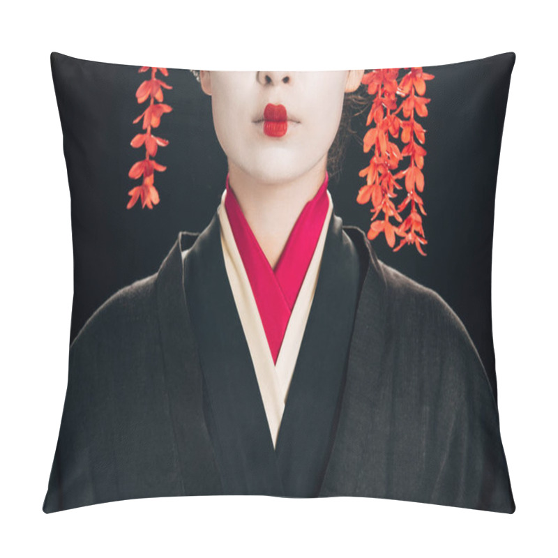 Personality  Partial View Of Beautiful Geisha In Black And Red Kimono Isolated On Black Pillow Covers