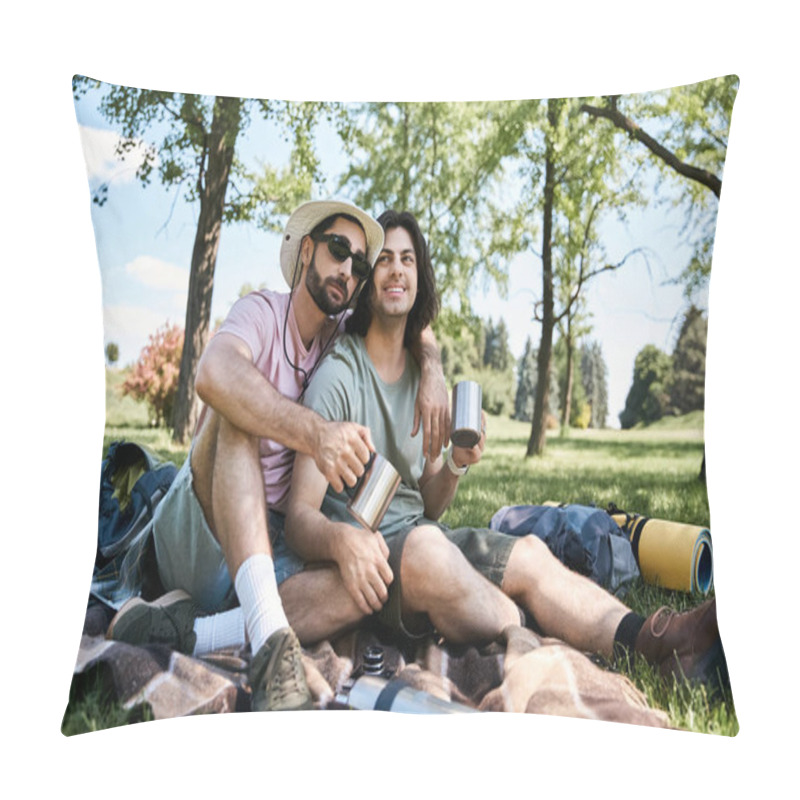 Personality  A Young Gay Couple Enjoys A Summer Hike Together, Sharing A Moment Of Love And Connection In The Serene Wilderness. Pillow Covers