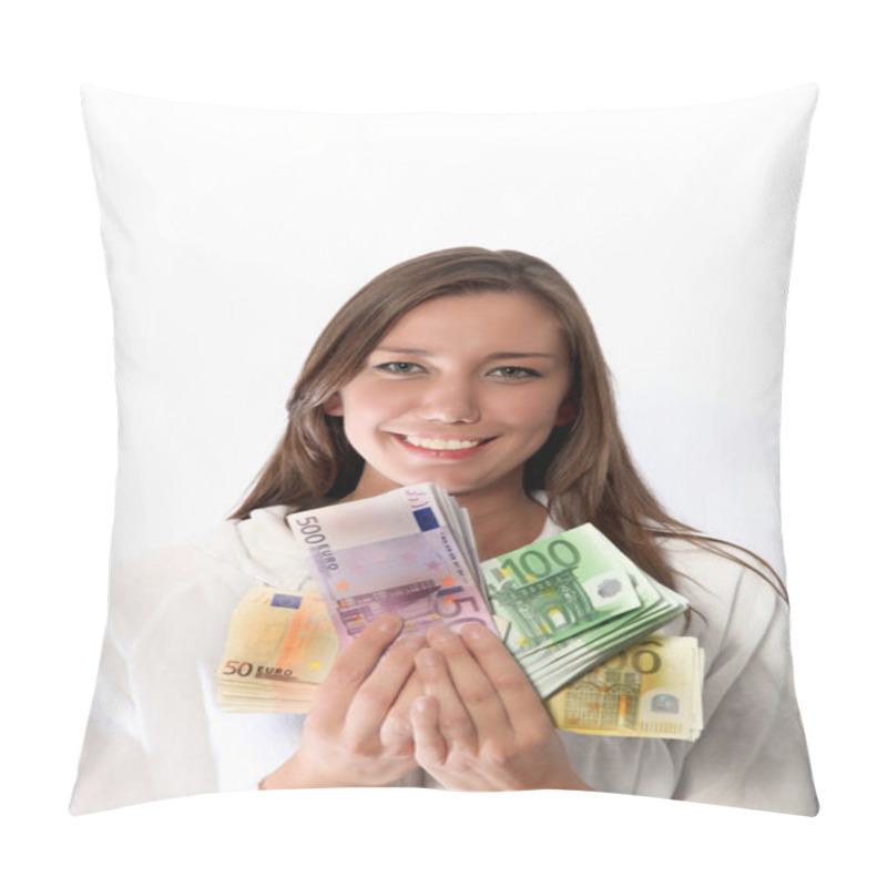 Personality  Smiling Woman With A Lot Of Money Pillow Covers