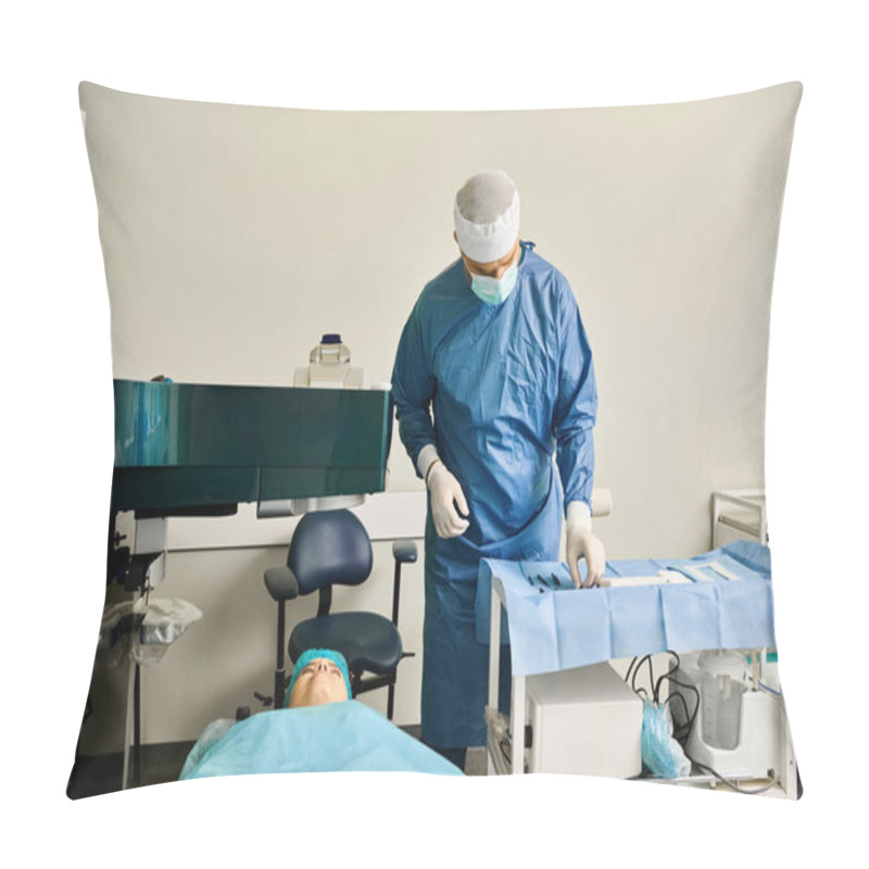 Personality  A Woman In A Hospital Gown Performs Laser Vision Correction. Pillow Covers