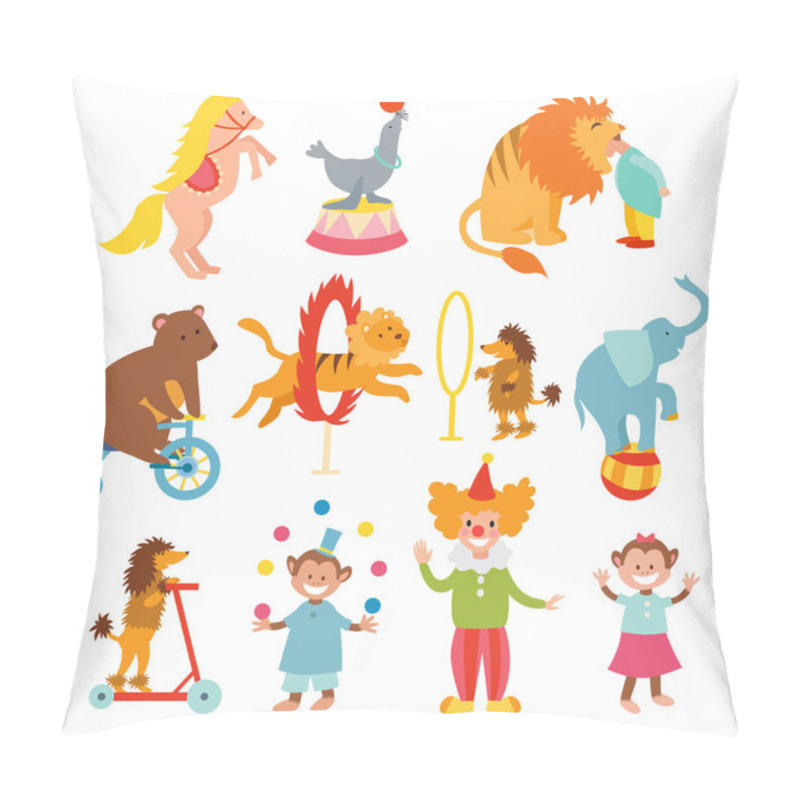 Personality  Cute Circus Animals And Funny Clowns Collection Vector Illustration. Pillow Covers