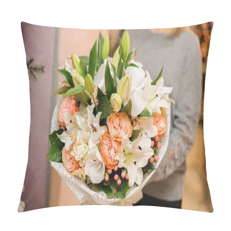 Personality  Female Holds A Bouquet Lilies, Orchids, Pion-shaped Roses In White Wrapping Paper Pillow Covers