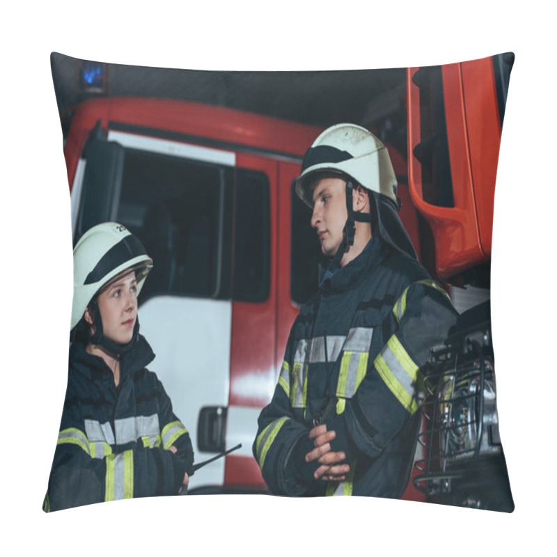 Personality  Firefighters In Fireproof Uniform And Helmets Looking At Each Other At Fire Station Pillow Covers