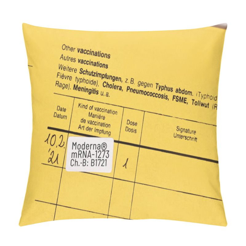 Personality  Dossenheim, Germany - February 2020: Certificate Of Vaccination With Moderna COVID-19 Vaccine Stamp Pillow Covers