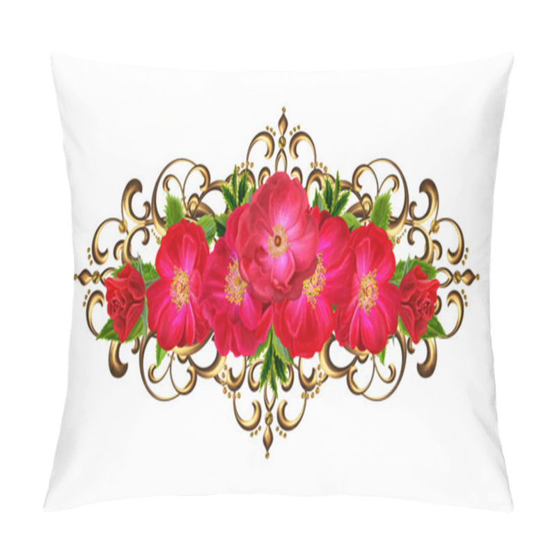 Personality  Composition Of Red Roses In A Gold Frame, Isolated. Gold Weave. Pillow Covers