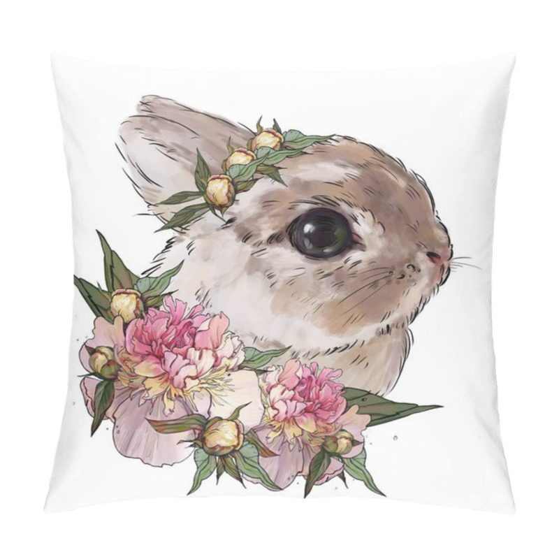 Personality  Rabbit With Pink Poppy Flowers, Cute Children's Illustration, Best T-shirt Print, Animal Print With Peonies. Rabbit On A White Background Pillow Covers