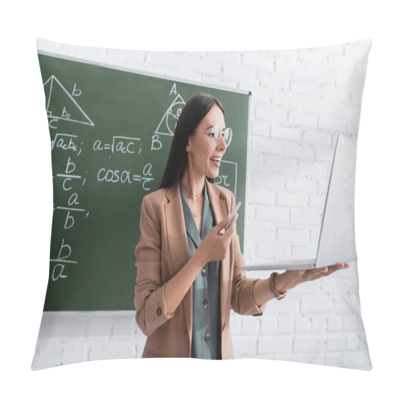 Personality  Teacher Having Online Lesson On Laptop Near Math Formulas On Chalkboard  Pillow Covers