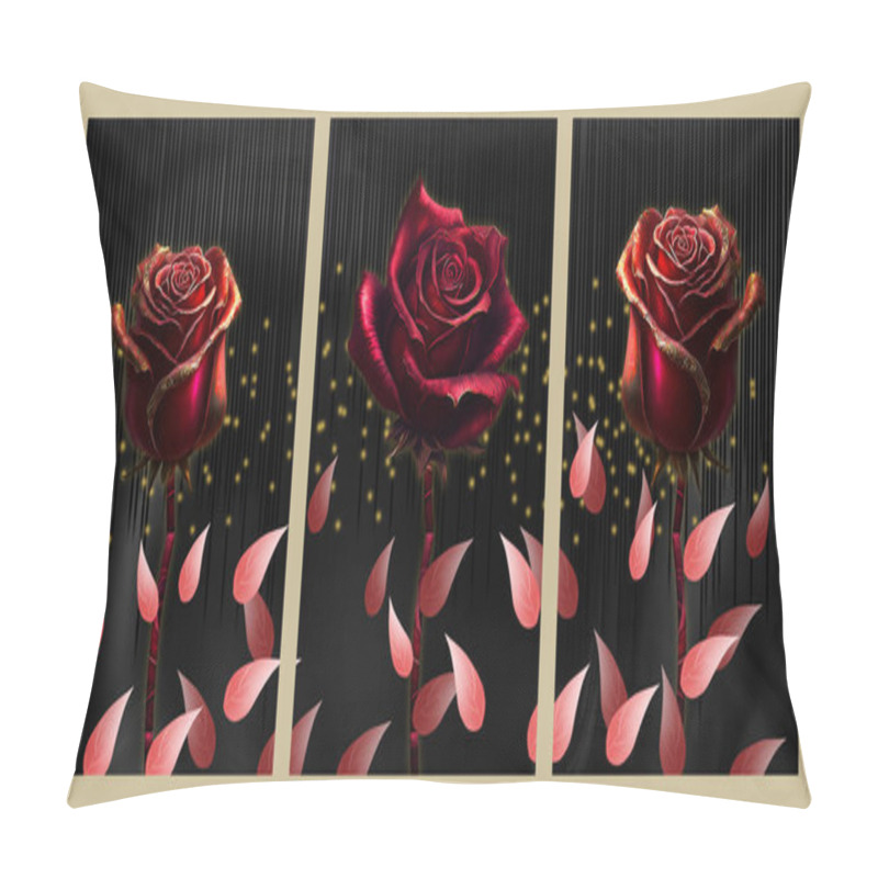 Personality  3d Set Of Three Roses On Golden And Black Background. Golden Leaves Branches, Red Floral Wall Art Frames. Pillow Covers