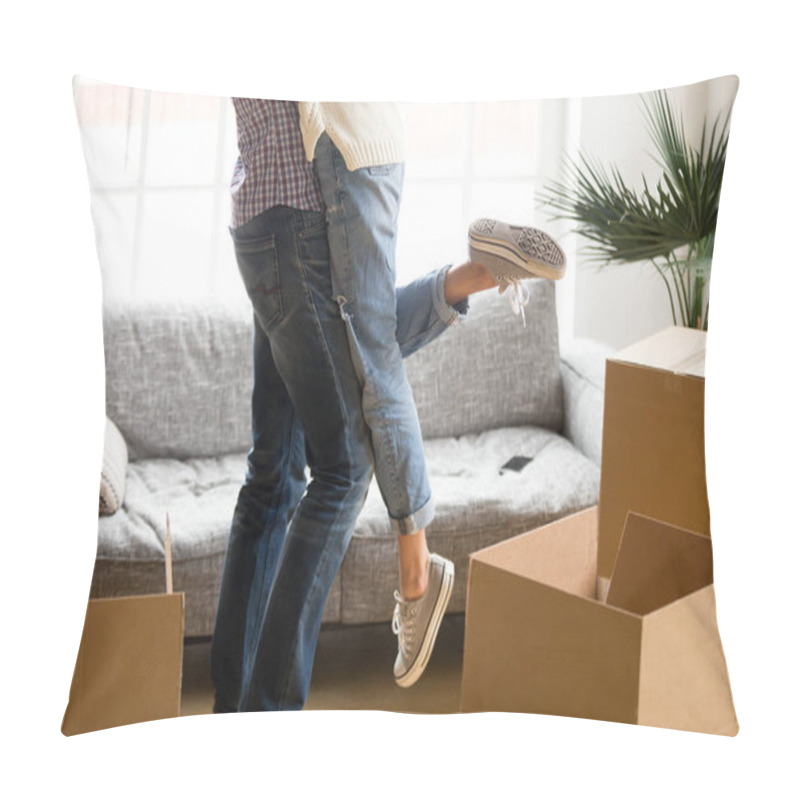 Personality  Man Lifting Woman Standing Among Cardboard Boxes, Close Up View Pillow Covers