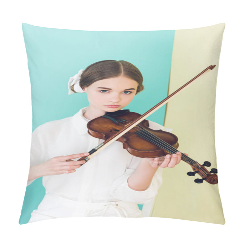 Personality  Teen Girl In Trendy White Outfit Playing Violin  Pillow Covers