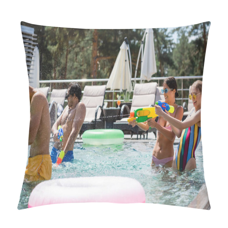 Personality  Excited Women Fighting On Water Guns Near Multiethnic Friends In Swimming Pool Pillow Covers