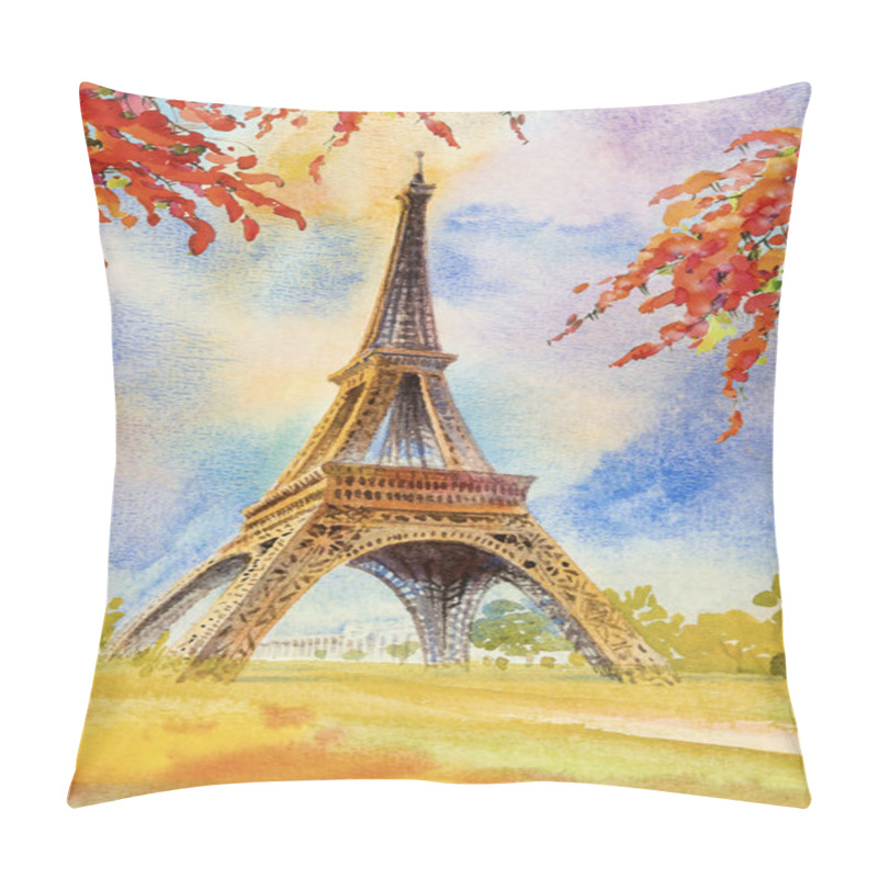 Personality  Paris European City Landscape. France, Eiffel Tower And  Beauty Flowers Spring Season In Garden, Modern Art, Watercolor Painting Illustration Popular Tourism Location. Pillow Covers