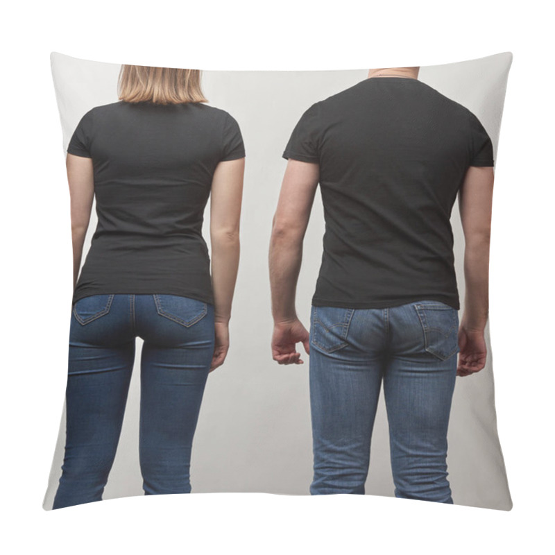 Personality  Back View Of Young Man And Woman In Black T-shirts With Copy Space Isolated On Grey Pillow Covers