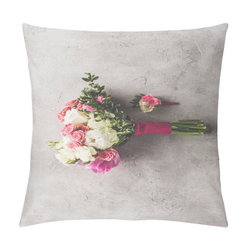 Personality  Top View Of Wedding Bouquet And Boutonniere On Gray Surface Pillow Covers