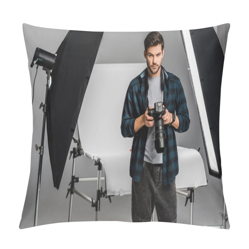 Personality  Handsome Professional Young Photographer Using Camera In Photo Studio  Pillow Covers