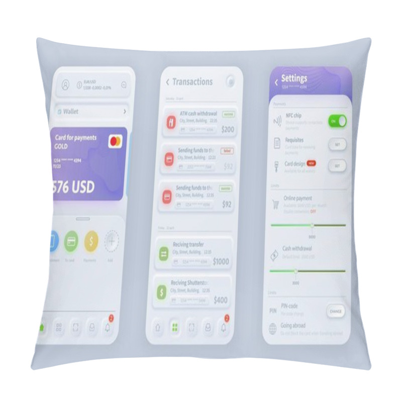 Personality  Online Banking Neomorphic Interface Vector Design For Responsive Mobile Application Or Website App. UI, UX Or GUI User Interface Templates Of Wallet, Payment Card, Transaction And Setting Screens Pillow Covers