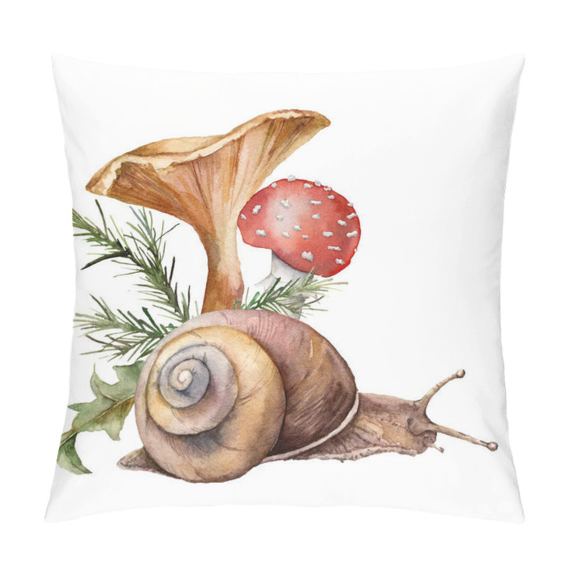 Personality  Watercolor Autumn Composition With Mushrooms And Snail. Hand Painted Amanita Muscaria And Chanterelle Isolated On White Background. Botanical Forest Illustration For Design, Print Or Background. Pillow Covers