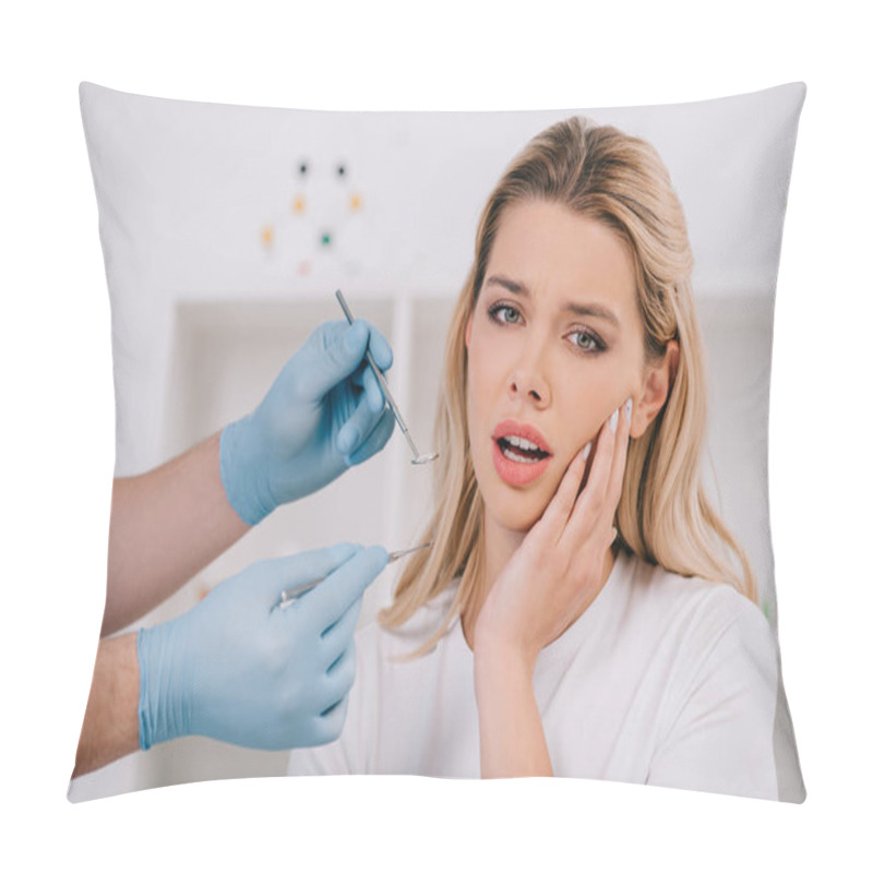 Personality  Dentist Holding Mouth Mirror And Dental Probe While Woman With Toothache Looking At Camera Pillow Covers