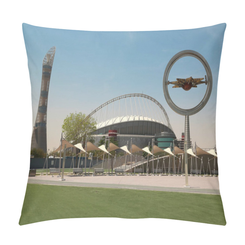 Personality  QATAR, DOHA, MARCH 26, 2018: Torch Tower, Also Known As Aspire Tower And Khalifa International Stadium Under Construction For Championship 2022 FIFA World Cup In Aspire Zone In Doha, Qata Pillow Covers