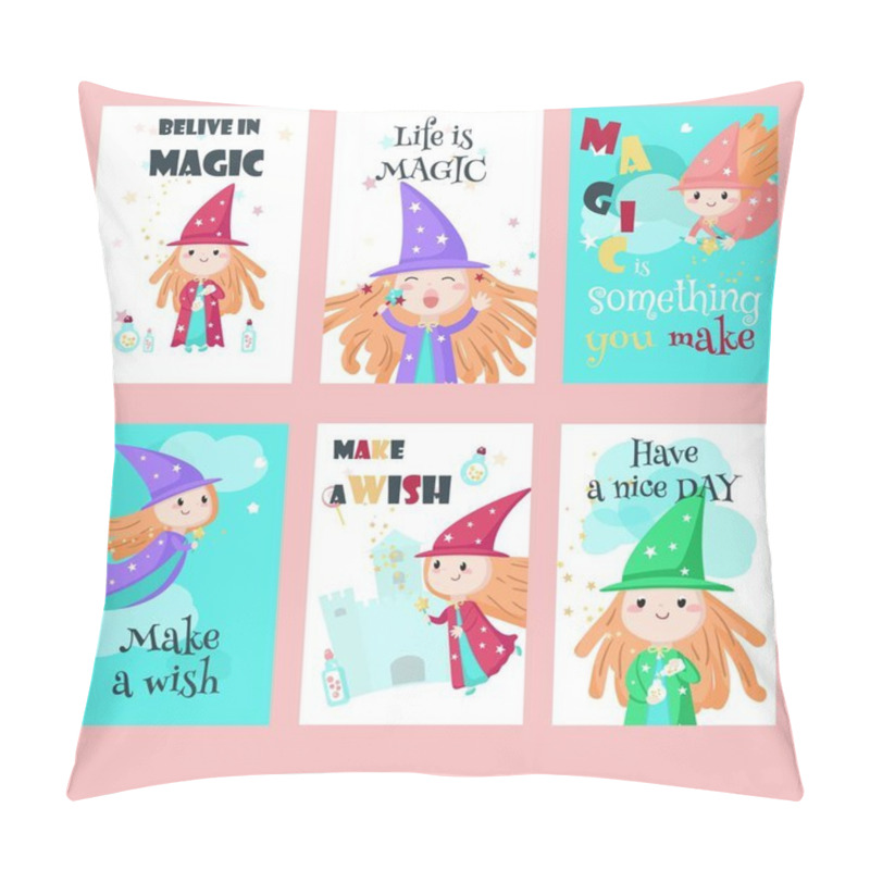 Personality  Vector Set Of Cards With Cute Little Enchantresses Pillow Covers