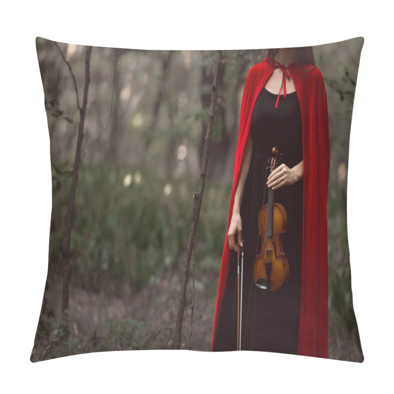 Personality  Cropped View Of Elegant Woman In Red Cloak Holding Violin In Dark Woods Pillow Covers