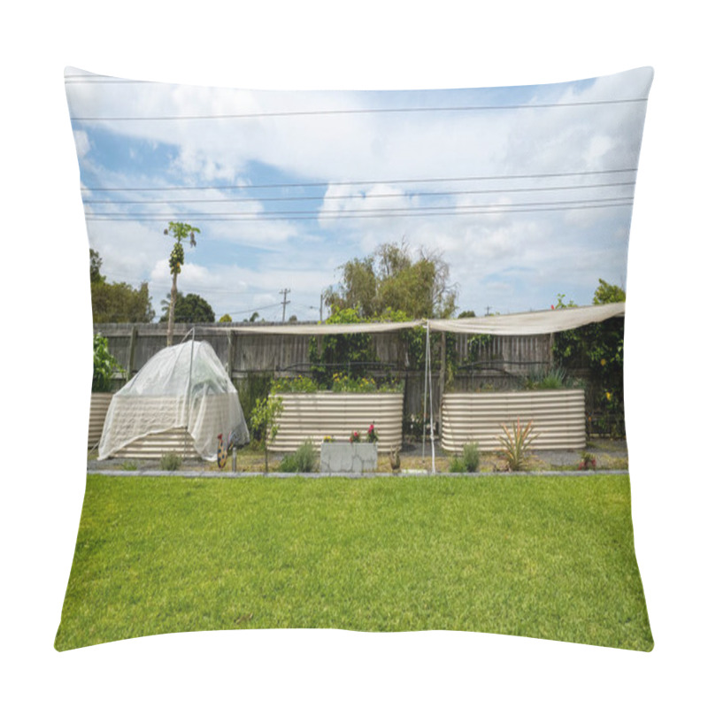 Personality  A Backyard Home Vegetable Garden With Raised Beds Netted And Shaded With A Green Lawn Foreground Pillow Covers