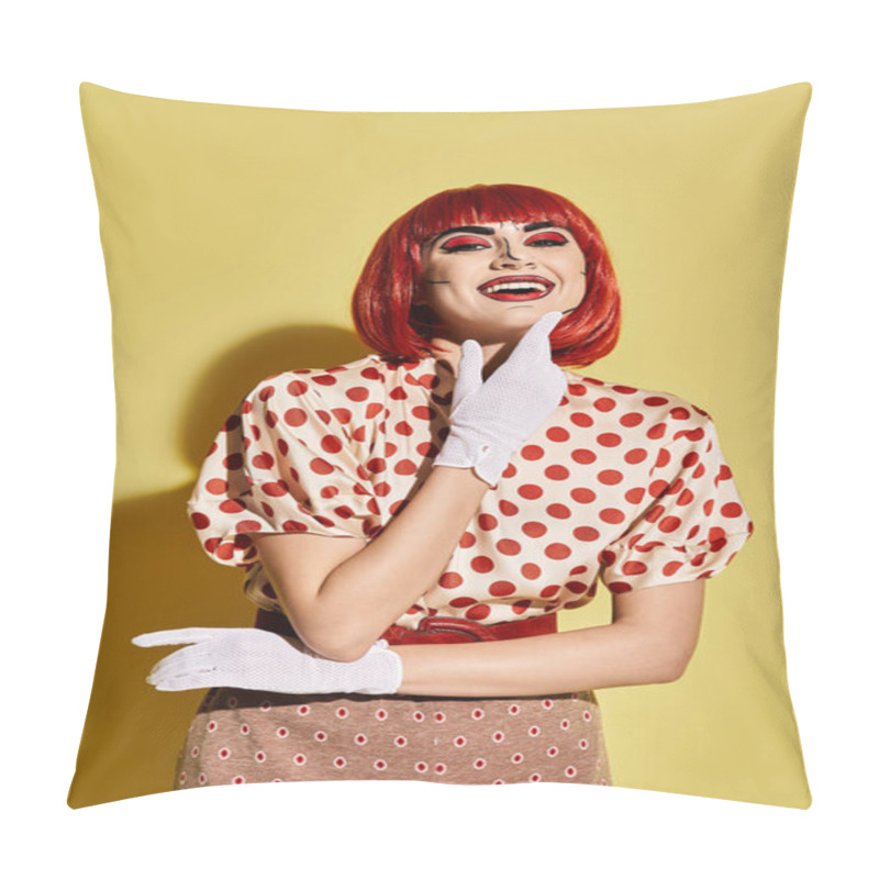 Personality  A Pretty Redhead With Pop Art Makeup, Donning A Polka Dot Shirt And White Gloves On A Vibrant Yellow Backdrop. Pillow Covers