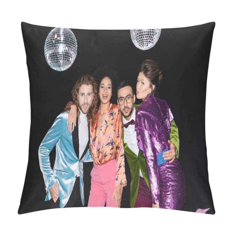 Personality  Stylish Interracial Friends Hugging In Night Club On Black Background Pillow Covers