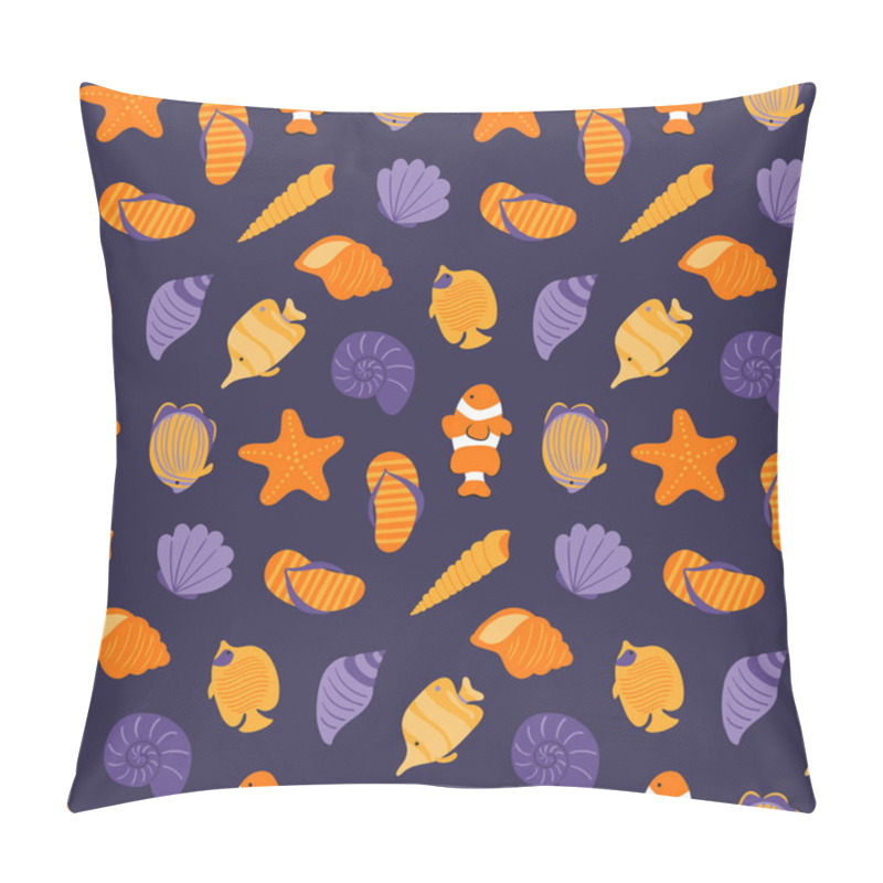 Personality  Hand Drawn Seamless Vector Pattern With Seashells And Starfishes With Coral Reefs And Fishes On Dark Blue Background. Scandinavian Style Flat Design. Concept For Summer Textile Print Pillow Covers