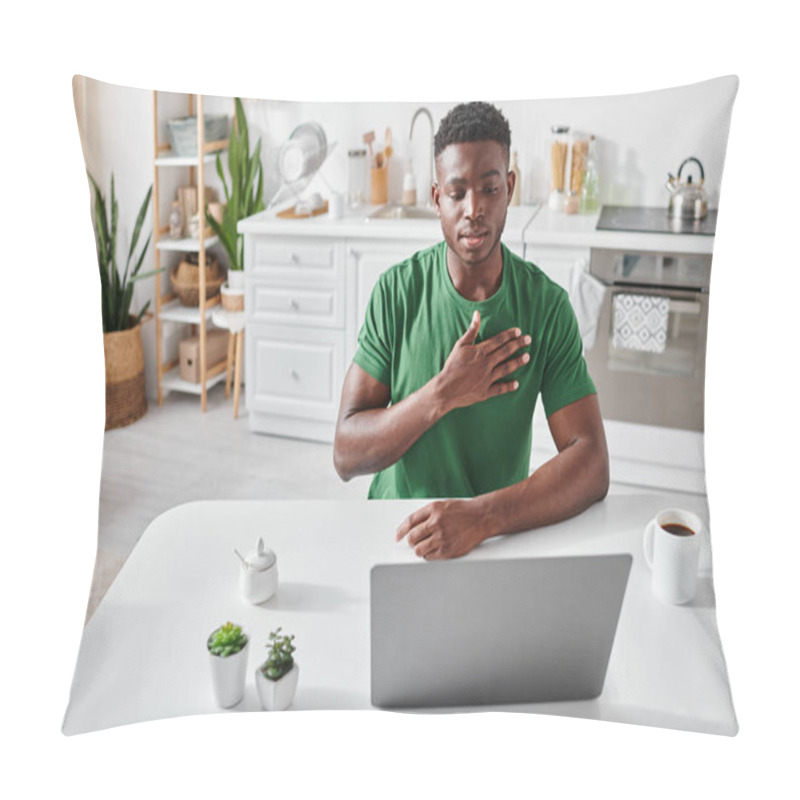 Personality  African American Man In Green T-shirt Using Sign Language For Online Communication, Hand Gesture Pillow Covers