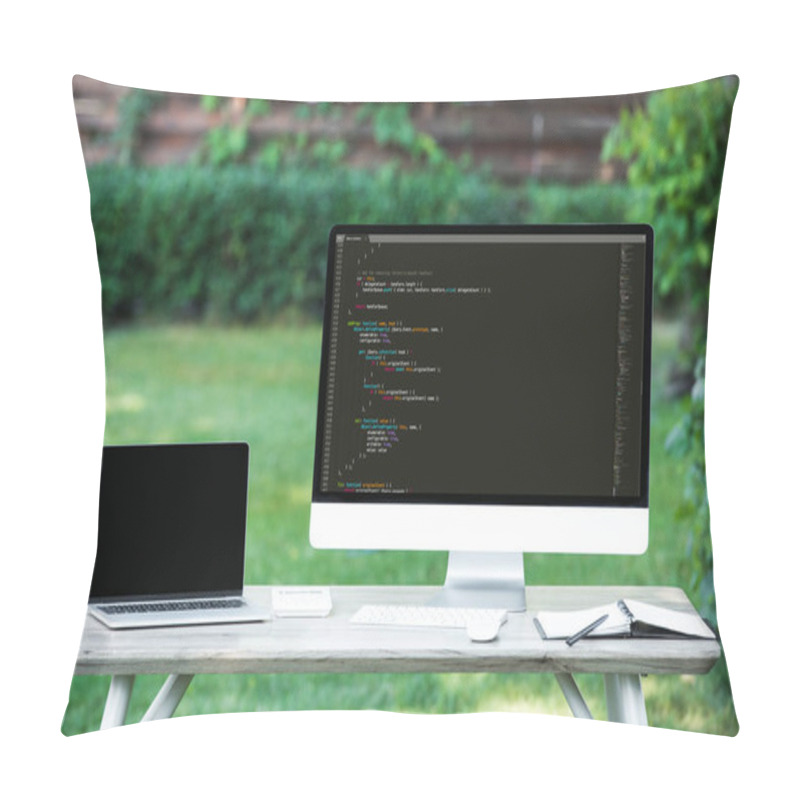 Personality  Selective Focus Of Laptop With Blank Screen And Computer With Programming Language Code At Table Outdoors  Pillow Covers