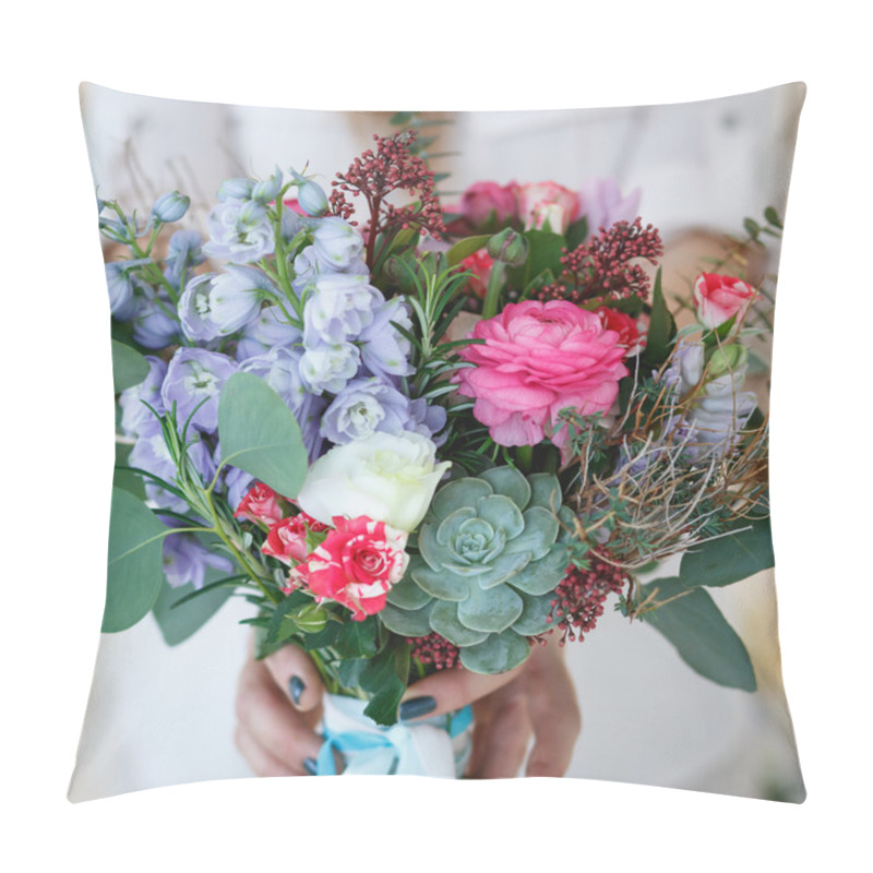 Personality  Young Woman Holds A Bouquet She Made. Decor And Floral Composition On A Table. Pillow Covers