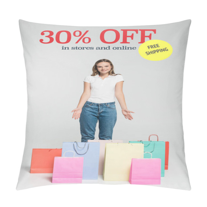 Personality  Young Joyful Woman Standing And Pointing With Hands At Shopping Bags Near Free Shipping Lettering On Grey Pillow Covers