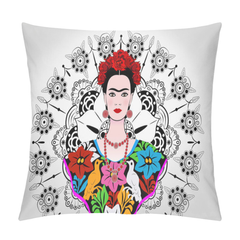 Personality  Frida Kahlo Vector Portrait , Young Beautiful Mexican Woman With A Traditional Hairstyle,  Mexican Crafts Jewelry And Dress, Vector Isolated Or Decorated Mandala Background  Pillow Covers