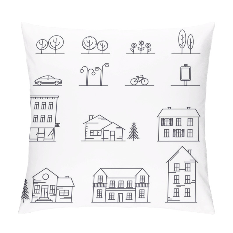 Personality  Vector City Illustration In Linear Style. Icons And Illustrations With Buildings, Houses And Architecture Signs. Ideal For Business Web Publications, Graphic Design. Flat Style Vector Illustration Pillow Covers