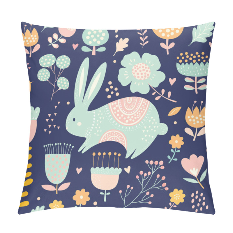 Personality  Seamless Pattern With Cute Bunny, Chicken And Flowers, Vector Illustration Pillow Covers