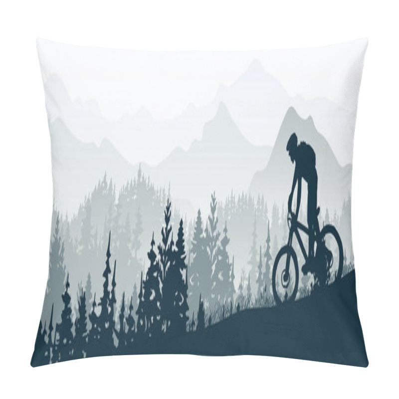 Personality  Silhouette Of Mountain Bike Rider In Wild Nature Landscape. Mountains, Forest In Background. Magical Misty Nature. Blue Illustration. Pillow Covers