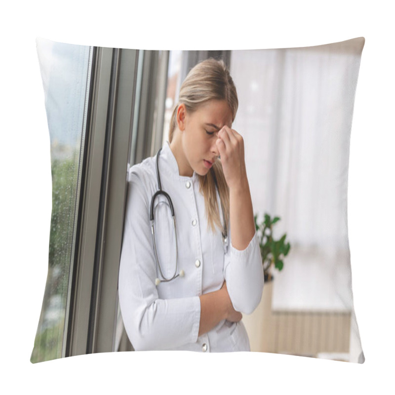 Personality  Young Doctor Looking Distressed. Tired Exhausted Female Doctor In Uniform At Hospital Holding Her Head. Depressed Sad Doctor Feels Burnout Stress Pillow Covers