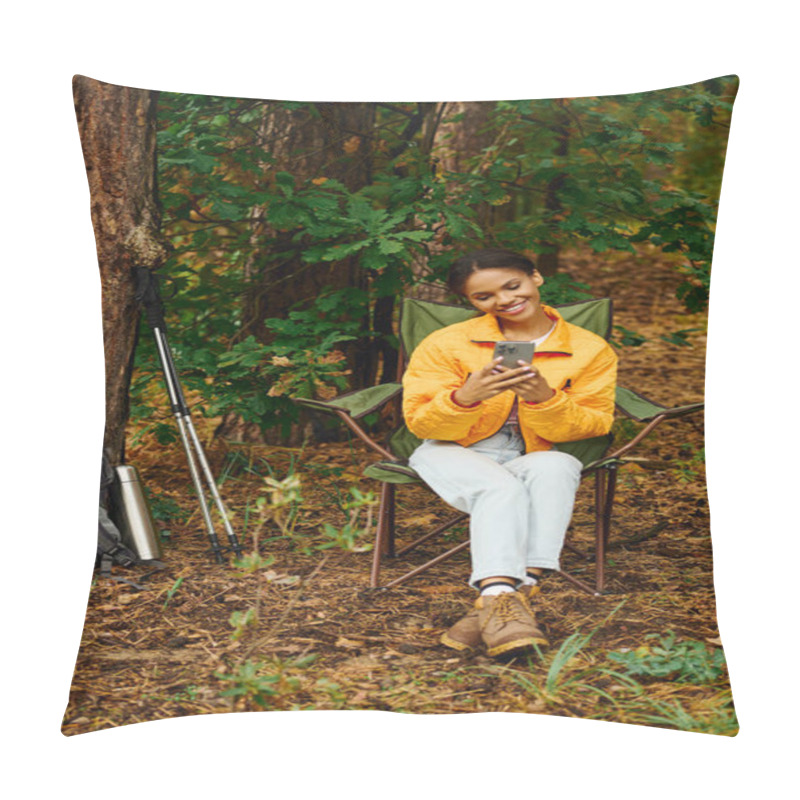 Personality  A Young Woman Sits In A Chair, Smiling At Her Phone Amidst The Colorful Autumn Leaves In The Forest. Pillow Covers