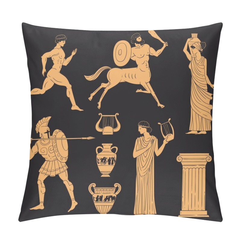 Personality  Ancient Greece Gold Figures Set Terracotta Style, Vector Illustration Isolated. Pillow Covers