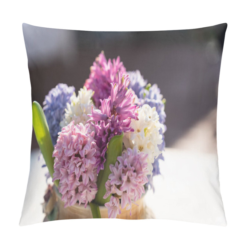 Personality  Shallow Depth Of Field On A Bouquet Of Hyacinths Of Different Colors In A Porcelain Vase On The Table, Selective Focus. Pillow Covers