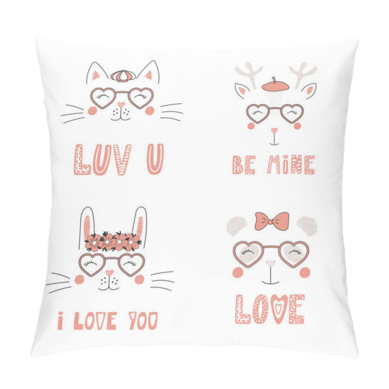 Personality  Set Of Hand Drawn Portraits Of Cute Funny Animals In Heart Shaped Glasses With Romantic Quotes, Valentines Day Concept  Pillow Covers