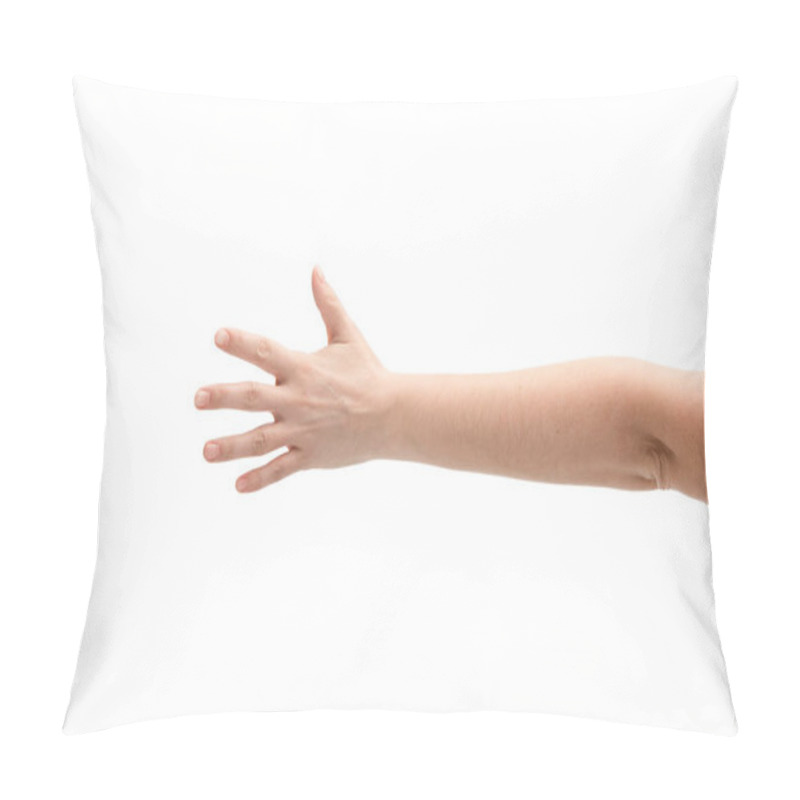 Personality  Cropped View Of Woman With Outstretched Hand Isolated On White Pillow Covers